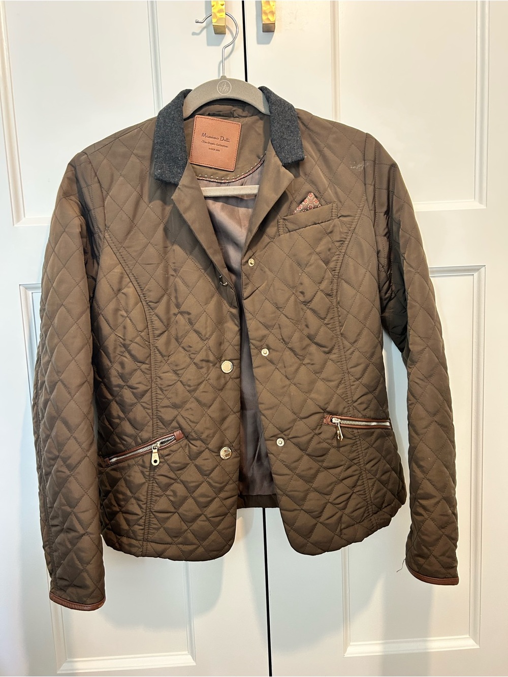 Massimo Dutti Quilted Jacket in Olive Brown with Charcoal Collar